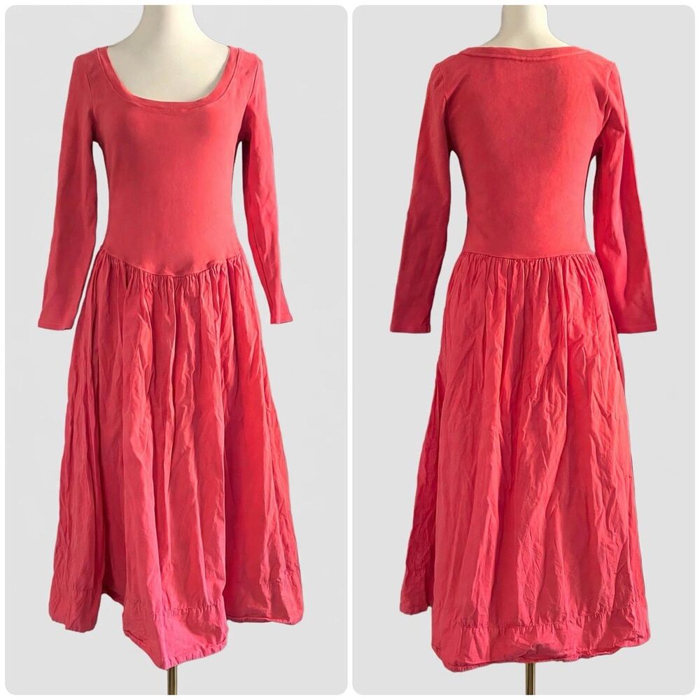 Free People Aelia Drop Waist Coral Orange Long Sleeve Midi Dress Womens sz L